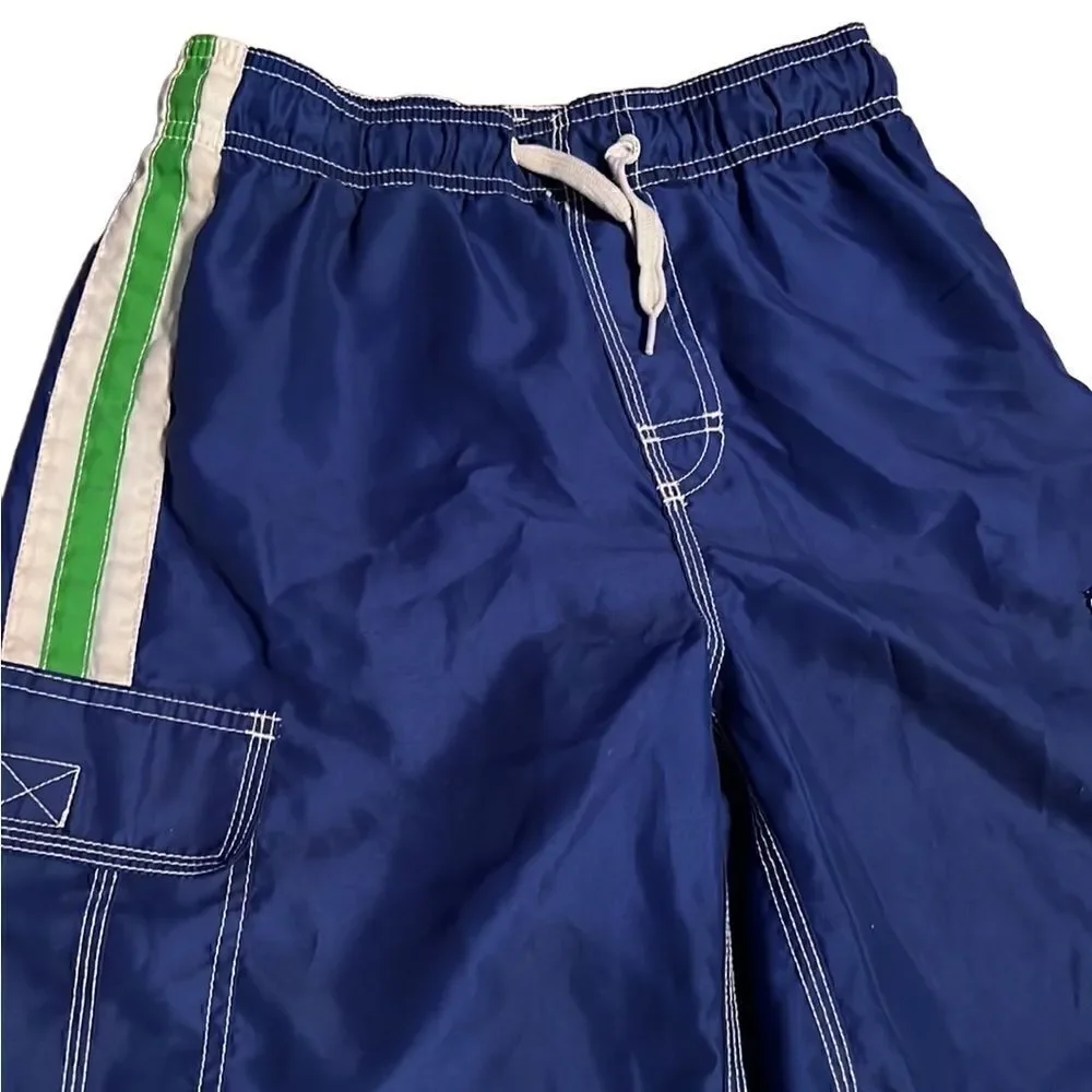 Old Navy Boys Large 10-12 Dark Royal Blue Green White Side Stripe Swim Trunks